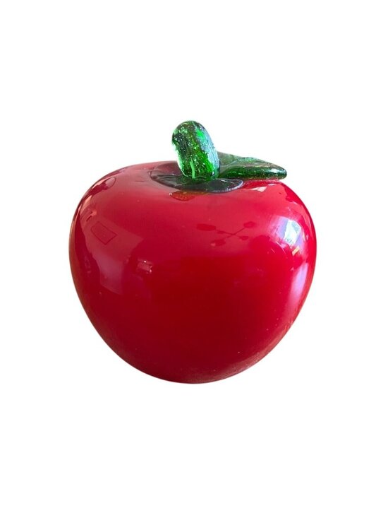Unknown Other - Vtg Handblown Glass Apple Figurine Red With Green Stem & Leaf Display Decor